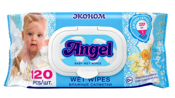 Голубая упаковка влажных салфеток Angel